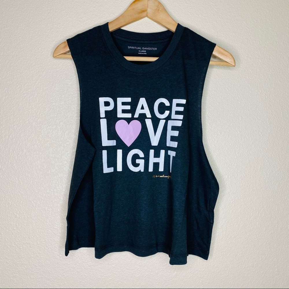 Spiritual Gangster Peace Love Light Crop Tank Top XL Graphic Yoga Tee Gray - Picture 2 of 9